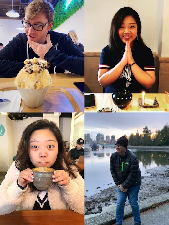 Collage of Ryan and Yuankun celebrating with desserts, coffee, and a sunset stroll by the water.