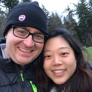 Selfie of Ryan and Yuankun bundled up together in Stanley Park.
